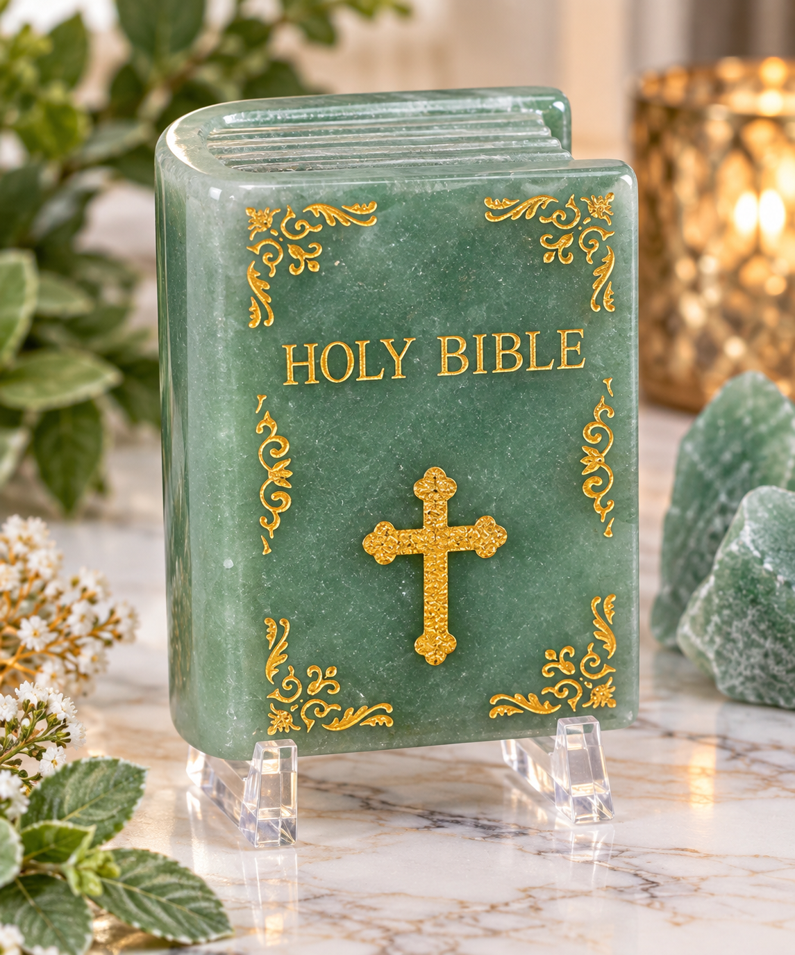 Green Aventurine crystal Holy Bible carving with gold cross and ornate detailing on clear display stand