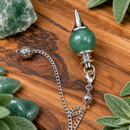 Green Aventurine crystal pendulum with polished green stone and ornate silver metal chain