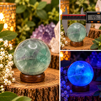49mm green and purple Fluorite sphere shown in natural light and glowing blue under UV light