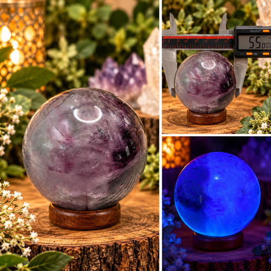 55mm green and purple Fluorite sphere shown in natural light and glowing blue under UV light