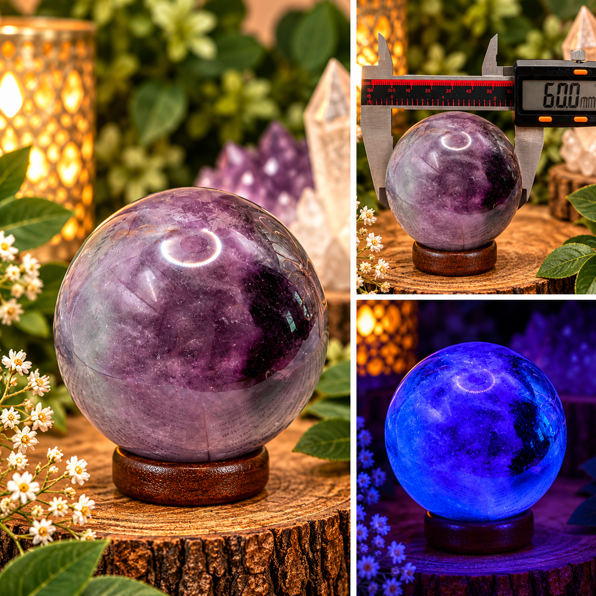 60mm purple and green Fluorite sphere displayed in boutique setting with vivid blue UV reaction