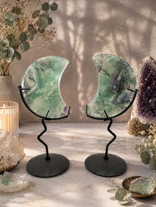 Green Fluorite Crescent Moon Set on Zodiac Stands