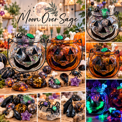 Halloween Crystal Confetti Pumpkin Jars filled with assorted crystals, carvings, jewelry and UV reactive stones from Moon Over Sage