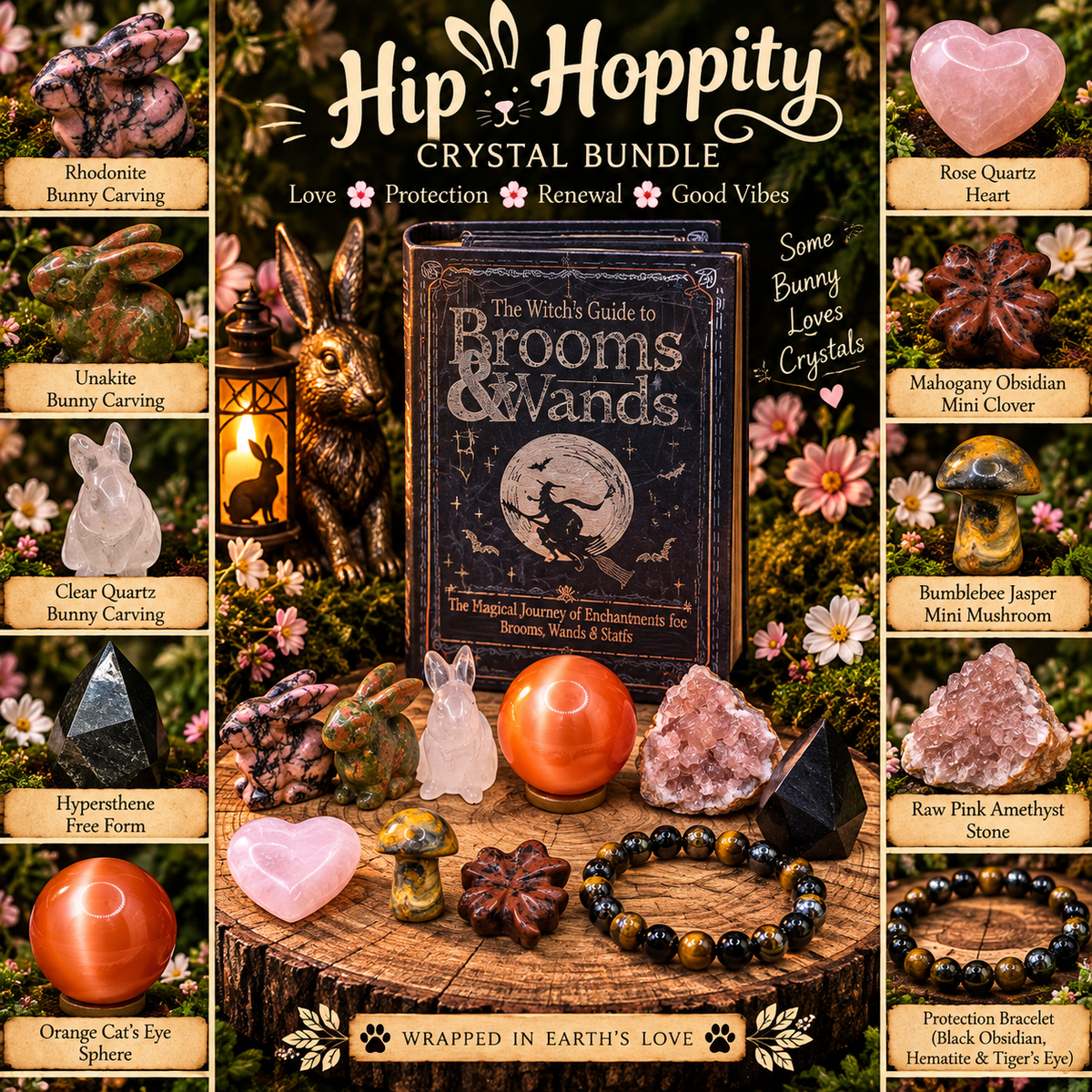 Hip Hoppity Crystal Bundle collage featuring Rhodonite, Unakite and Clear Quartz bunny carvings, Orange Cat’s Eye sphere, Pink Amethyst, Rose Quartz and protection bracelet