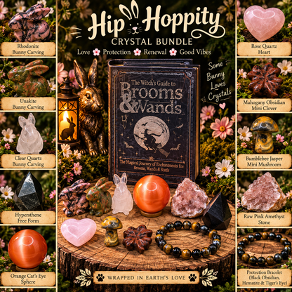 Hip Hoppity Crystal Bundle collage featuring Rhodonite, Unakite and Clear Quartz bunny carvings, Orange Cat’s Eye sphere, Pink Amethyst, Rose Quartz and protection bracelet