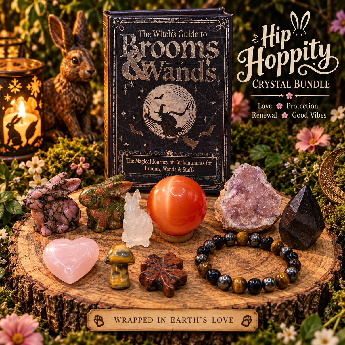 Hip Hoppity Crystal Bundle with bunny carvings, Orange Cat’s Eye sphere, Pink Amethyst, Rose Quartz, Hypersthene and protection bracelet with witchy book box