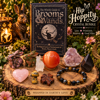 Hip Hoppity Crystal Bundle with bunny carvings, Orange Cat’s Eye sphere, Pink Amethyst, Rose Quartz, Hypersthene and protection bracelet with witchy book box