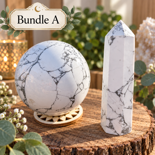 Howlite sphere and tower Bundle A with natural wooden sphere stand