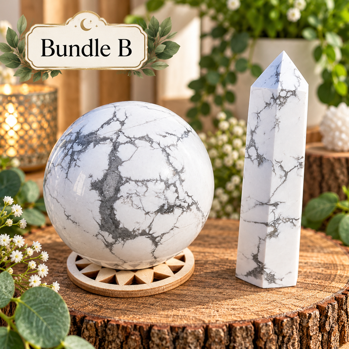 Howlite sphere and tower Bundle B with natural gray veining and wooden sphere stand