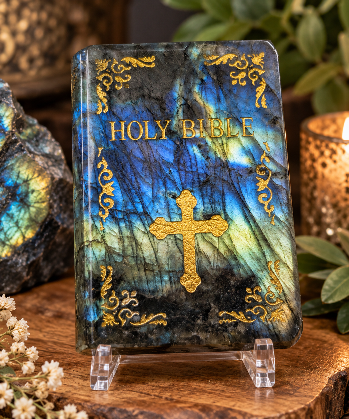 Labradorite crystal Holy Bible carving with blue and gold flash, gold cross detail and display stand