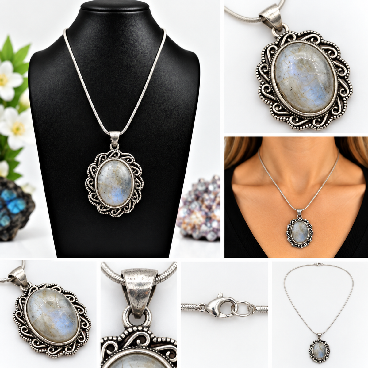 Natural Labradorite oval pendant necklace with light blue flash in ornate silver-tone setting on 16-inch stainless steel snake chain