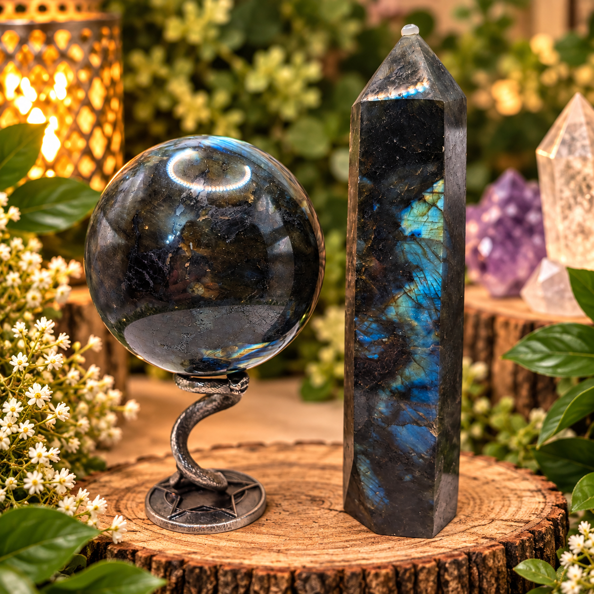 74mm Labradorite sphere and 6.5 inch Labradorite tower with silver snake pentagram sphere stand