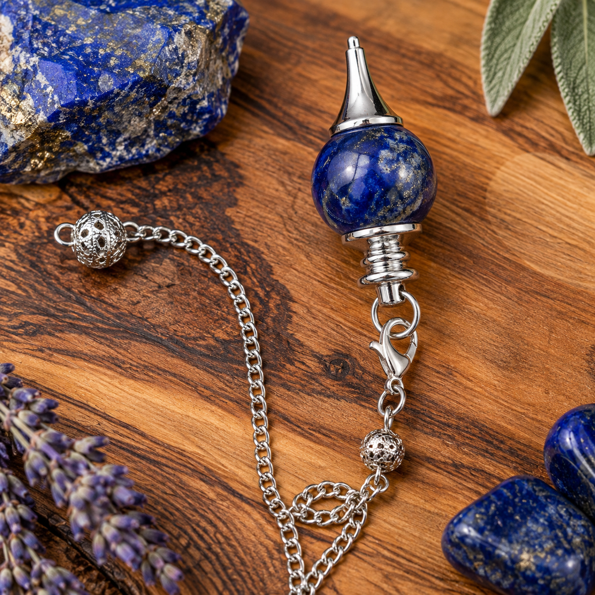 Lapis Lazuli crystal pendulum with polished deep blue stone and ornate silver metal chain