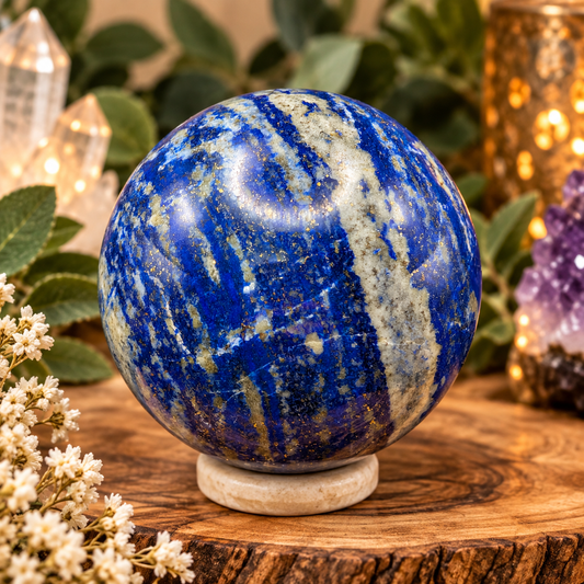 62 mm Lapis Lazuli crystal sphere with deep blue coloring, white calcite patterns and golden flecks in boutique display