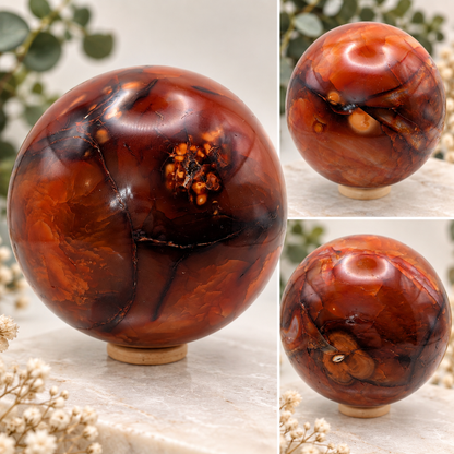 Large 96mm deep red and orange Carnelian crystal sphere with natural patterns displayed on a wooden ring stand