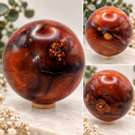 Large 96mm deep red and orange Carnelian crystal sphere with natural patterns displayed on a wooden ring stand