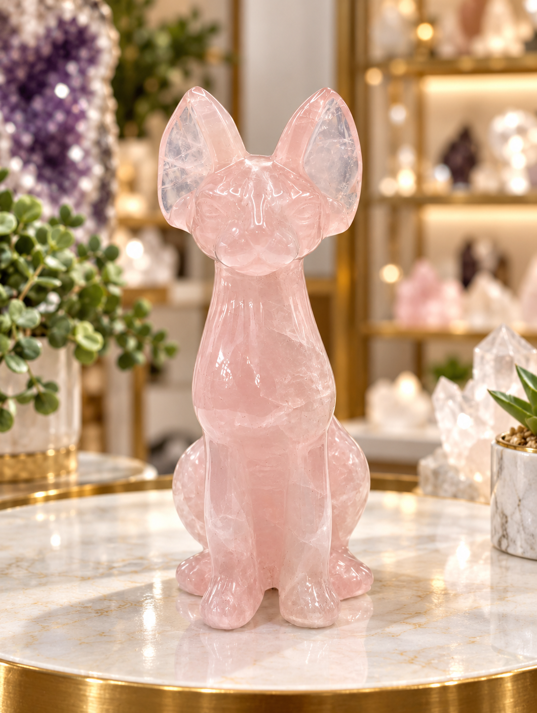 Front view of a large polished Rose Quartz Sphynx cat figurine with pale pink coloring, oversized upright ears and natural crystal inclusions on a marble boutique display.