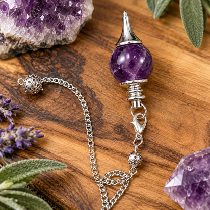 Amethyst crystal pendulum with polished purple stone and ornate silver metal chain