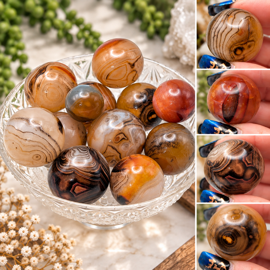 Mini Carnelian spheres approximately 24mm with unique natural banding in orange, cream, brown and red tones