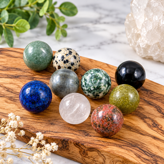 Assorted polished mini crystal spheres in a variety of natural stone colors and patterns