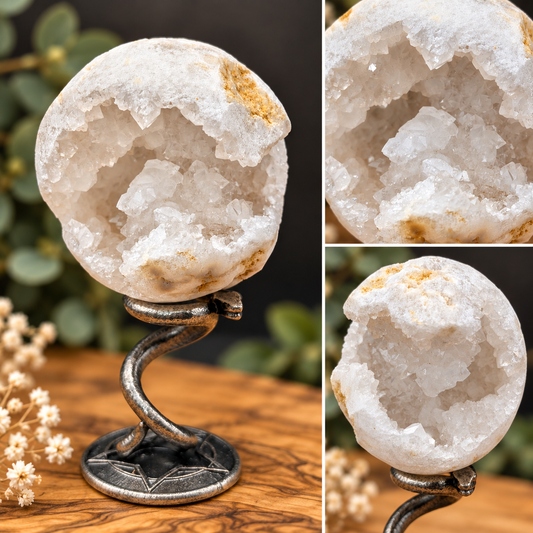 59mm open druzy Quartz crystal sphere with sparkling crystal-lined geode cavity shown from multiple angles on a decorative metal stand