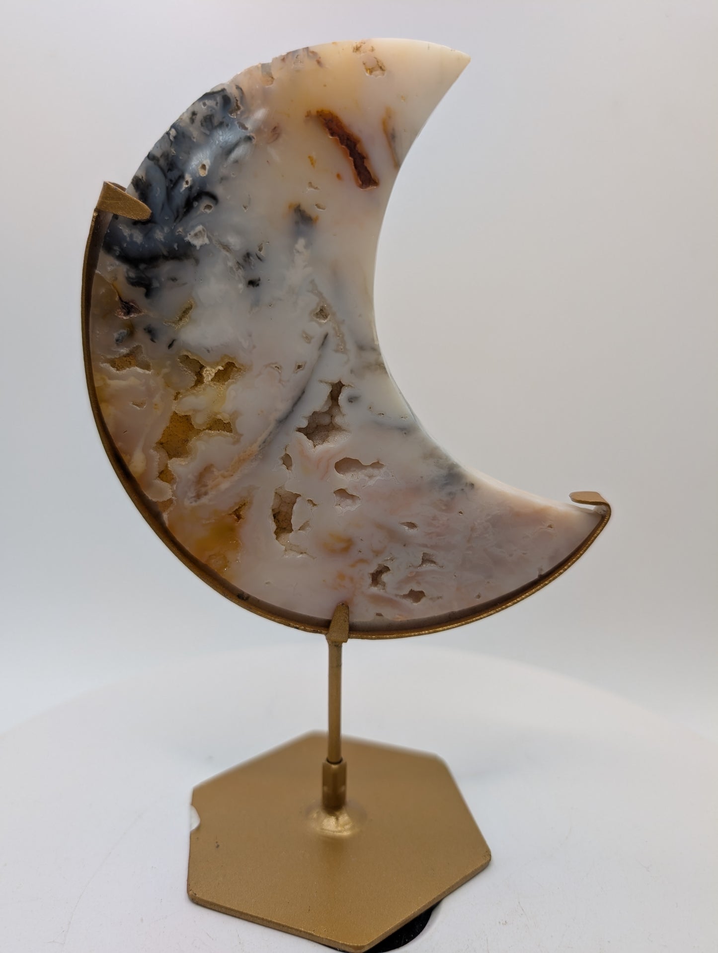 Pink & White Druzy Agate Crescent Moon on Stand