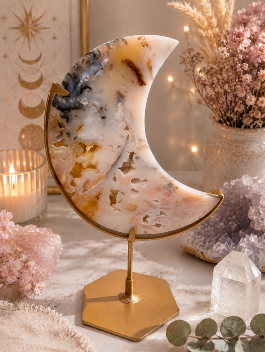 Pink & White Druzy Agate Crescent Moon on Stand