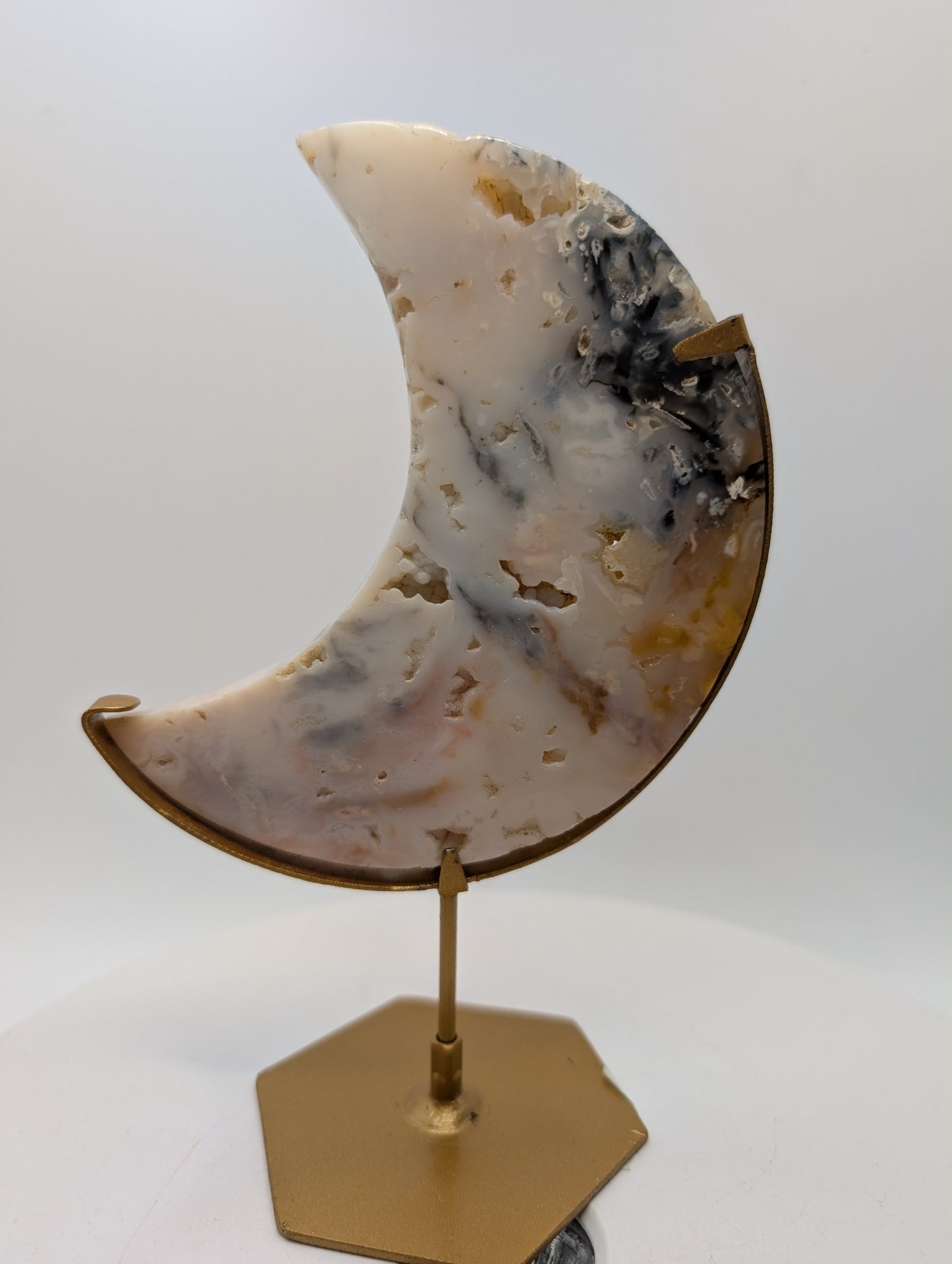 Pink & White Druzy Agate Crescent Moon on Stand