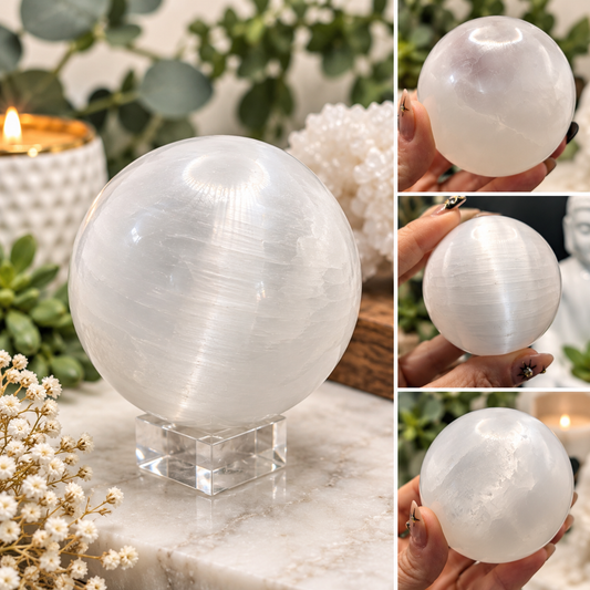 Polished 61mm selenite satin spar spheres with natural white pearly striations and translucent details