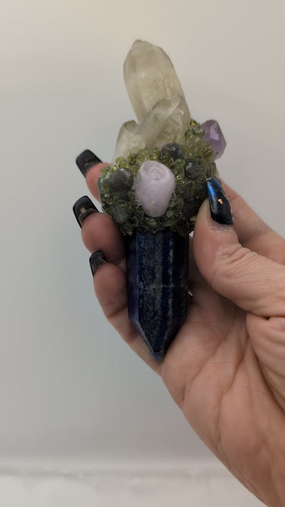 Lapis Lazuli Wands With Quartz Clusters & Adorned With Beautiful Gem Stone Tumbles