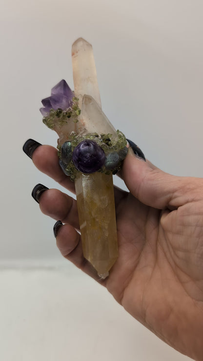 Citrine Crystal Wand With Quartz Clusters & Adorned with Beautiful Tumbled Stones