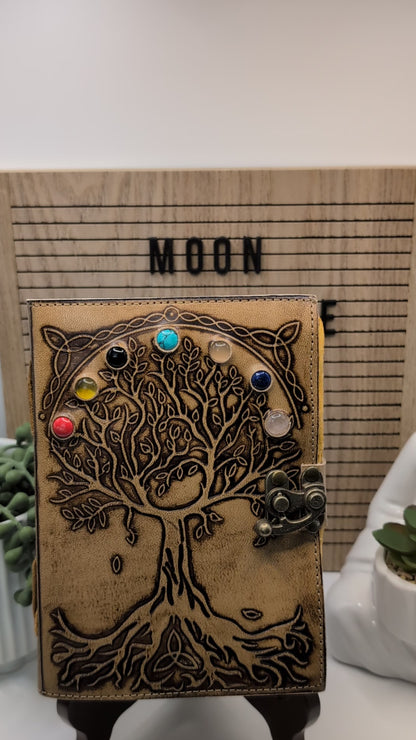 Tree of Life Handmade Leather Journal - Adorned with 7 Chakra Stones!
