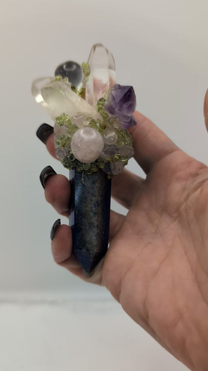 Lapis Lazuli Wands With Quartz Clusters & Adorned With Beautiful Gem Stone Tumbles