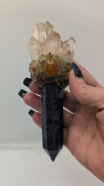 Lapis Lazuli Wands With Quartz Clusters & Adorned With Beautiful Gem Stone Tumbles