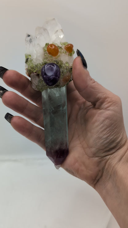 Fluorite Wands With Quartz Clusters Adorned with Beautiful Tumbled Gem Stones