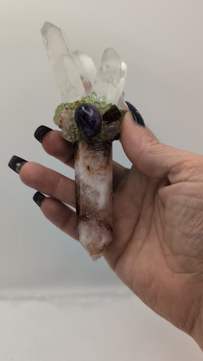 Fire Quartz Crystal Wand Topped with Clear Quartz Points & Adorned With Beautiful Tumbled Stones