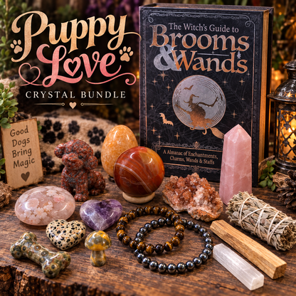 Puppy Love crystal bundle with dog carving, Carnelian sphere, crystal tower, hearts, bracelets, sage, Palo Santo and Selenite in book-style storage box