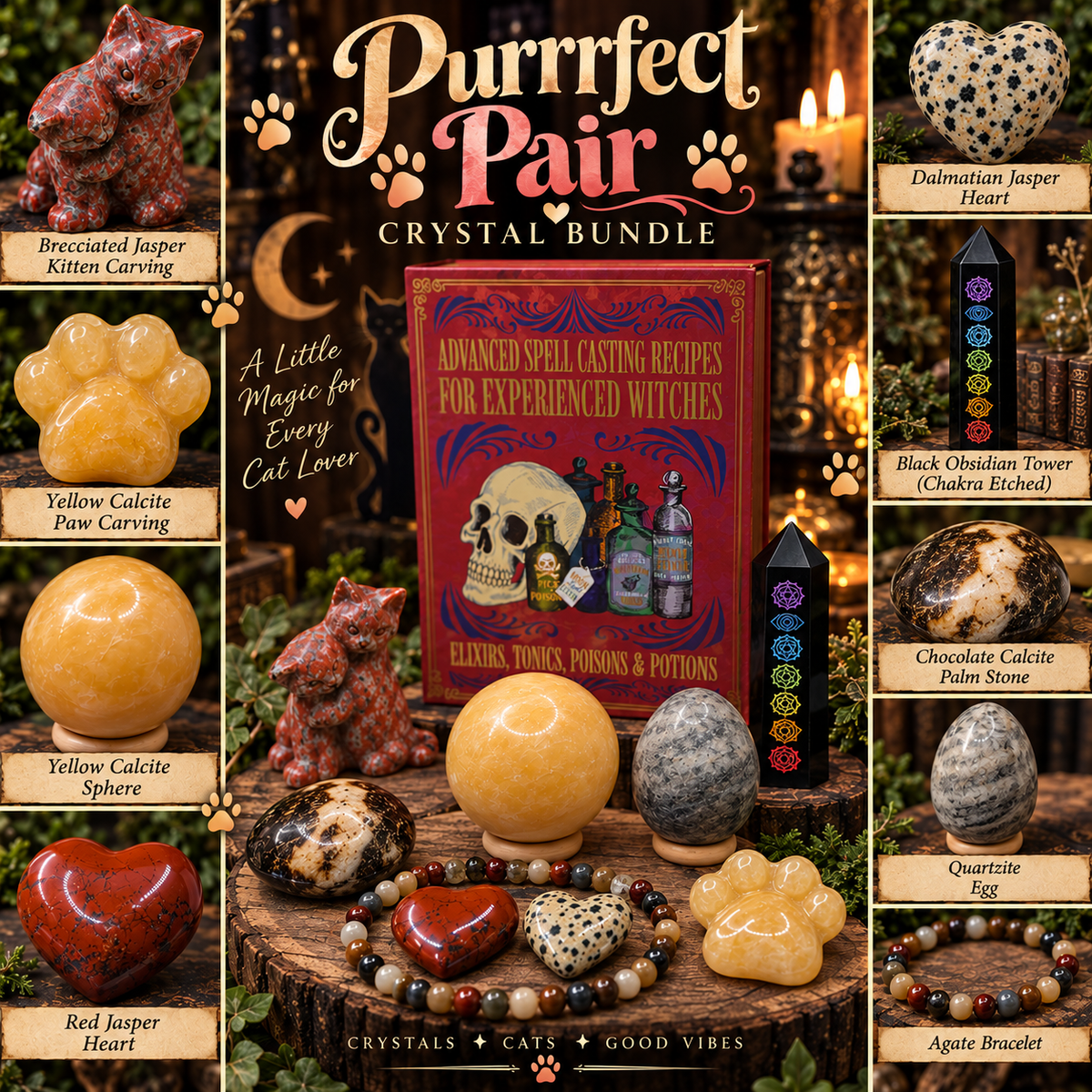 Purrrfect Pair crystal bundle collage featuring Brecciated Jasper cat, Yellow Calcite, Jasper hearts, Chocolate Calcite palm stone, Obsidian chakra tower, Quartzite egg and Agate bracelet