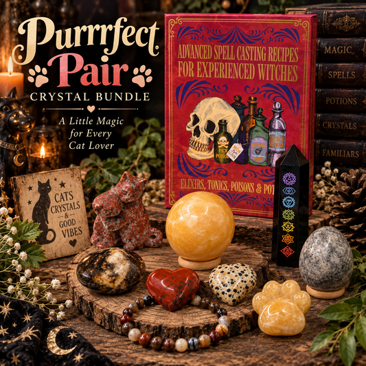 Purrrfect Pair crystal bundle with crystal cat carving, Yellow Calcite sphere and paw, Obsidian chakra tower, gemstone hearts, Quartzite egg and Agate bracelet