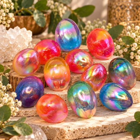 Colorful rainbow aura selenite crystal eggs with iridescent pink, blue, green, gold and purple finishes in a boutique display.