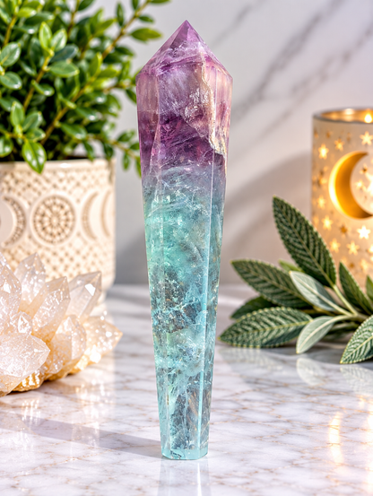 Rainbow Fluorite crystal wand #2 with translucent green body, purple point and natural internal formations