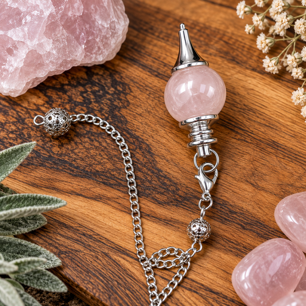 Rose Quartz crystal pendulum with polished pale pink stone and ornate silver metal chain