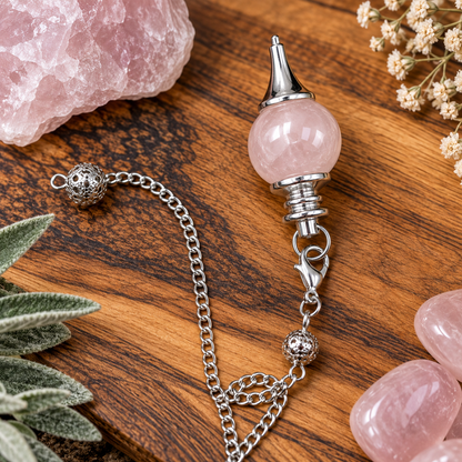 Rose Quartz crystal pendulum with polished pale pink stone and ornate silver metal chain