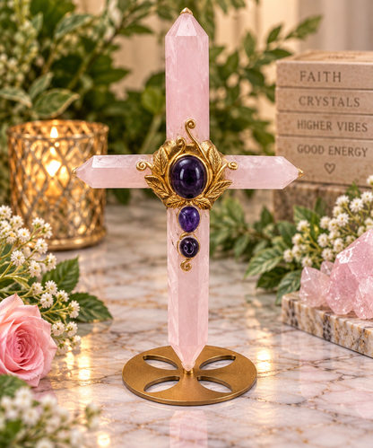 Rose Quartz crystal point cross with Amethyst center stones and gold botanical detailing