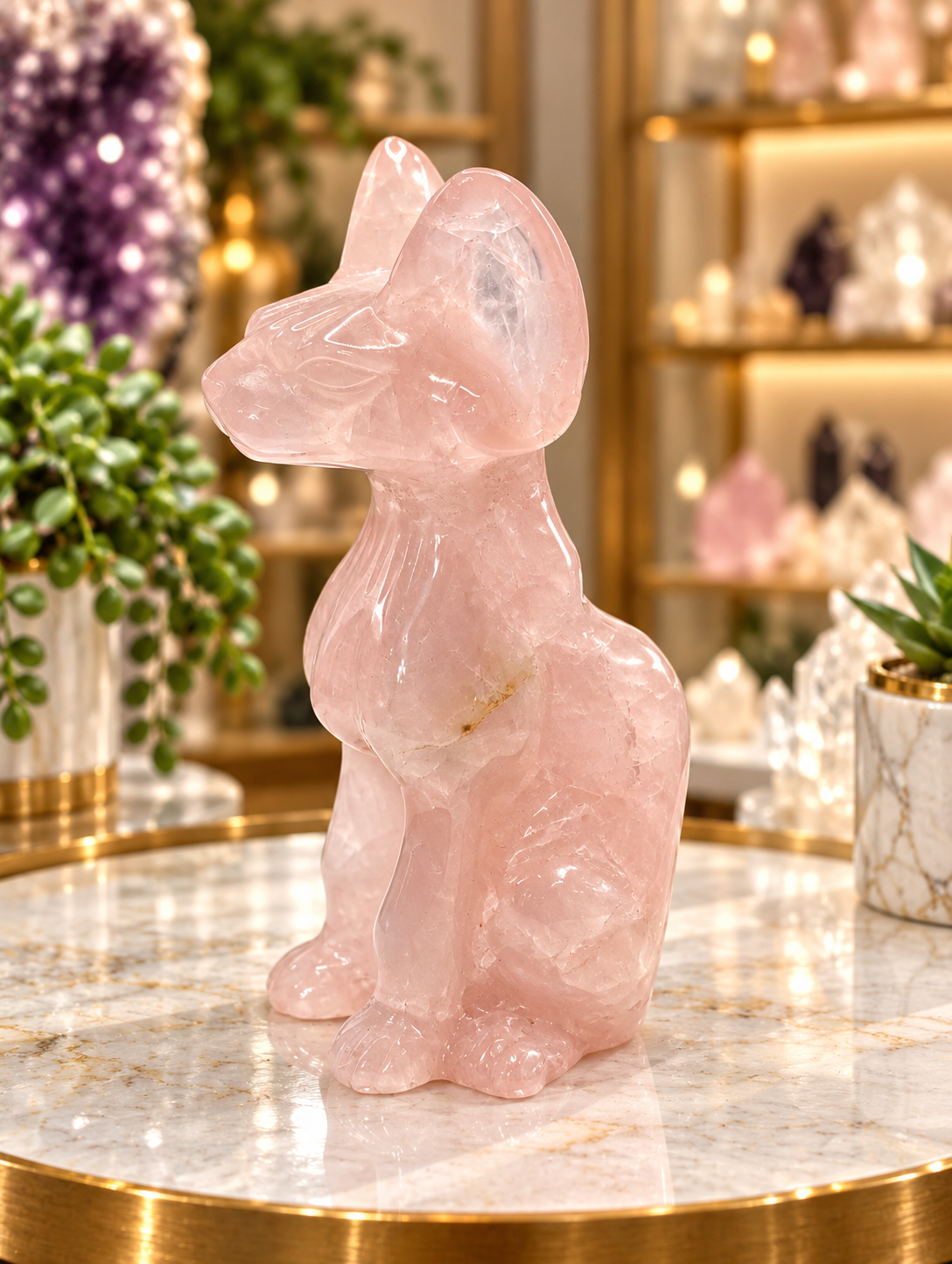 Side profile of a large Rose Quartz Sphynx cat crystal carving featuring tall pointed ears, an elongated neck, a seated pose and translucent pink stone.