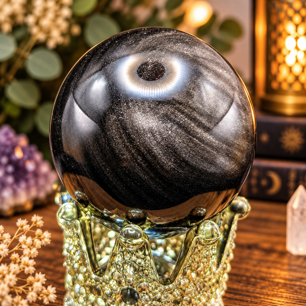 Exact 69mm Silver Sheen Obsidian sphere showing natural swirling silver sheen on decorative glass stand
