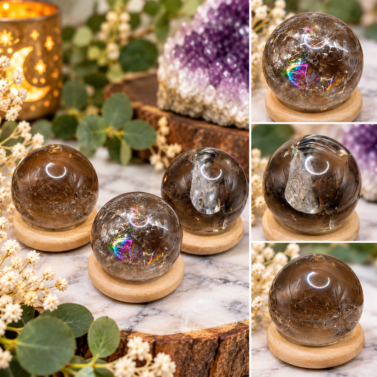22mm Smoky Quartz mini spheres with exceptional clarity and natural rainbow inclusions