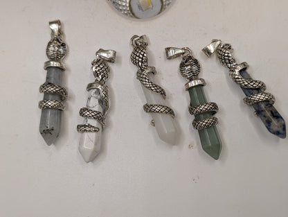 Silver Snake Wrapped Crystal Point Pendants – Gemstone Necklace