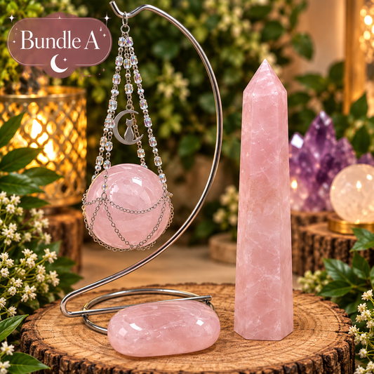 Bundle A Star Rose Quartz sphere, 8 inch tower and palm stone with silver crescent hanging stand and cat moon charm