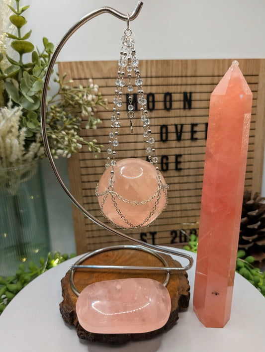 Star Rose Quartz Sphere, Tower & Palm Stone Bundle - With Stand